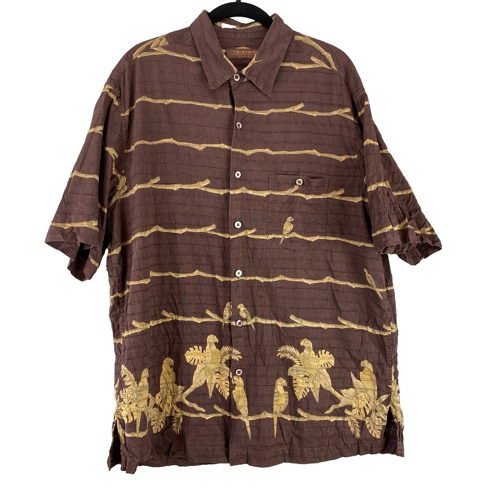 Tori Richard Shirt Men's XL Button Silk Linen Blend Brown Aloha Beach‎ Bird Surf